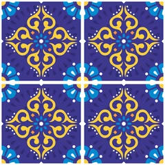 Gordijnen Seamless vector decorative tiles pattern with flowers and swirls, design inspied by Mexican talavera style  © redkoala