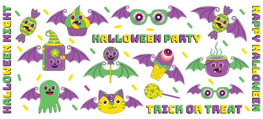 Halloween characters sticker pack. Halloween character set in cartoon comic style and halloween set of patches for design. Vintage Halloween character design.