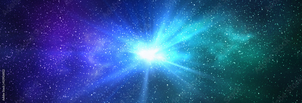 Wall mural burst of light in space. night starry sky and bright blue green galaxy, horizontal background banner