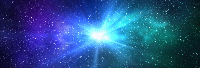Burst of light in space. Night starry sky and bright blue green galaxy, horizontal background banner