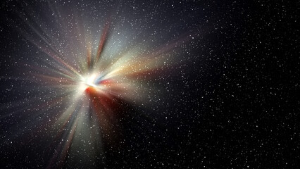 Burst of light in space. Night black starry sky horizontal background