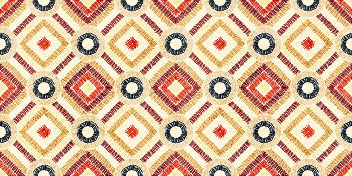 Embroidered seamless geometric pattern. Ornament for the carpet. Ethnic and tribal motifs. Colorful print of handmade. Vector illustration