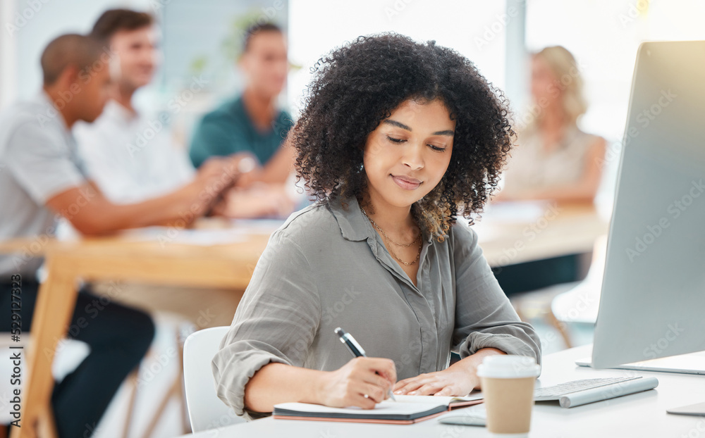 Poster business woman writing marketing strategy in notebook, doing checklist for startup and working in an