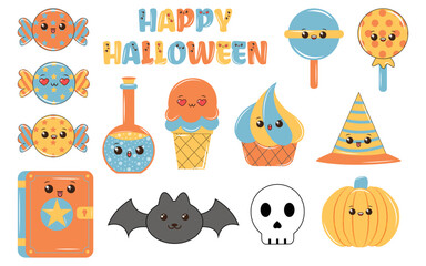 Groovy style kawaii Halloween Character set. Groovy style kawaii Halloween sticker set. 90s style Groovy kawaii sticker set. Halloween kawaii clipart and sticker collection. Psychedelic, Nostalgic, 