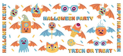 Groovy style Halloween Character set. Groovy Psychedelic Halloween Character set in 90s style. Groovy style Halloween sticker collection. Psychedelic, Nostalgic, Hippie, Halloween.