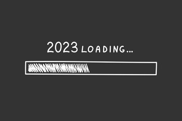 Progress bar 2023 new year in doodle style, vector illustration. Hand drawn loading symbol, isolated element on a chalk board background. Sketch load bar for print and design