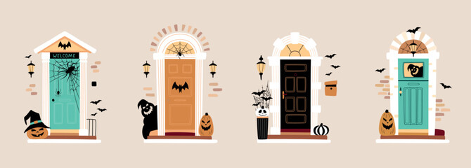 Set of entrance door decorated for Halloween. Carved pumpkins, bats, spiderweb and ghost silhouette near front doors. Vector illustration