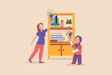 Happy little muslim girl help her mom dusting a bookcase at home.. Concept of helping parents at home. Flat vector illustrations isolated.