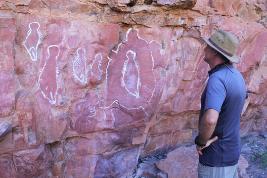 Australian man looking at Australian Aboriginal mythology rock paintings in Kimberley Western Australia