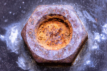 Rusty on screw (Old bolts and nut), Metal details, Macro photography. Closeup shot and selection focus.