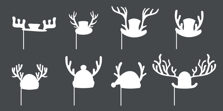 Christmas Santa hats with antlers set for photo prop box. Vector stock outline illustration isolated on black background for photo booth winter holiday industry. 