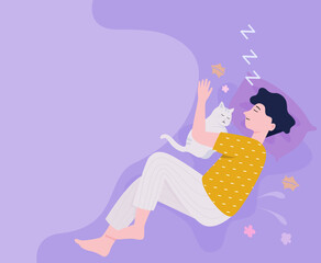 Obraz na płótnie Canvas A man sleeping with his cat. healthy sleep concept. flat vector illustration.