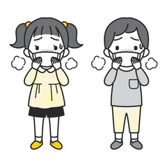 マスクをつけて発熱・息が苦しそうな表情の小さな女の子と男の子のイラスト（長袖・シンプル）