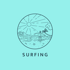 Minimalist surfing man logo line art illustration template design with circle