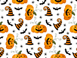 Halloween seamless pattern. Black orange backdrop. Pumpkins, witch hat, bat, spider. Bright cartoon pattern for Halloween. Repeated vector background for textile, paper, wallpaper, packaging.