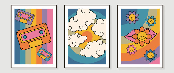 Collection of 70s wall art background vector. Set of retro wall decoration, groovy, smile flowers, cassette tapes, cloud. Vintage hippie poster for interior, decorative, banner, cover, wall design.