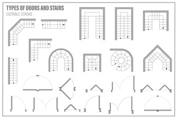 Door, stair for floor plan top view. Architectural element set for scheme of apartments. Kit of icons for interior project. Construction symbol, graphic design element, blueprint. Vector illustration