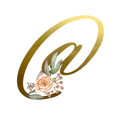 Watercolor boho alphabet with gold letters, decorated with flowers of beige peach roses and leaves with berries, exotic.Holiday decoration, hand-painted from A to Z. Monogram initials .