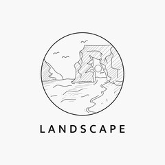 Minimalist beach landscape logo line art illustration template design