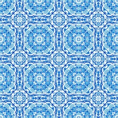 Blue white watercolor azulejos tile background. Seamless coastal geometric floral mosaic effect. Ornamental arabesque all over summer fashion damask repeat