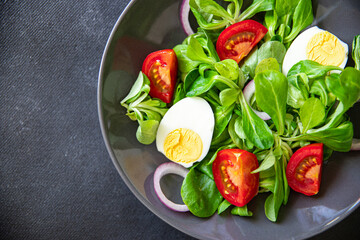 green salad egg, vegetable  tomato, onion, leaves lettuce mix fresh healthy meal food snack on the table copy space food background 