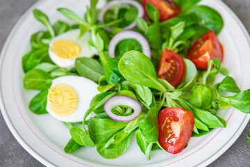 green salad egg, vegetable  tomato, onion, leaves lettuce mix fresh healthy meal food snack on the table copy space food background 