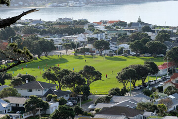 Local football game with players on the pitch surrounded by residential houses and a glimpse of ocean in the background in the suburb of Seatoun, Wellington, New Zealand Aotearoa