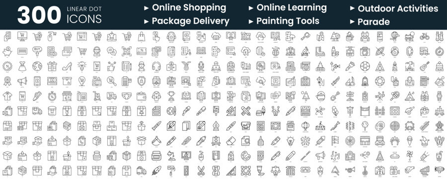 Set of 300 thin line icons set. In this bundle include online shopping, online learning, outdoor activities, package delivery, painting tools, parade