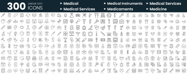 Fototapeta na wymiar Set of 300 thin line icons set. In this bundle include medical, medical instruments, medical services, medicine