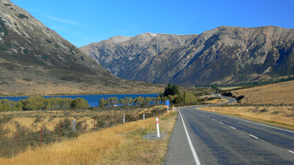 Road through the Southern Alps near Lake Pearson, Canterbury, New Zealand