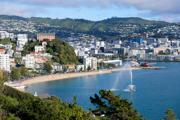 A beautiful view of Oriental Bay, water fountain and inner city beach and harbour in Capital...