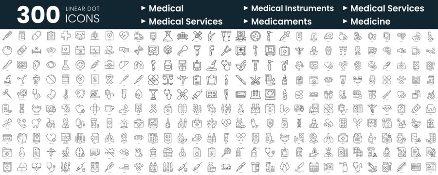 Set of 300 thin line icons set. In this bundle include medical, medical instruments, medical services, medicine