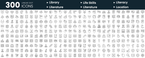 Set of 300 thin line icons set. In this bundle include library, life skills, literacy, literature, location - obrazy, fototapety, plakaty