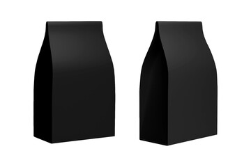 Front and side view of blank black paper bag for tea, coffee and grain packaging. Retail shopping and advertising concept. Mockup Isolated on a white background. 3d rendering.