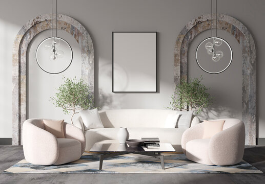 mock up poster frame in modern interior background, living room, Contemprorary style, 3D render, 3D illustration 