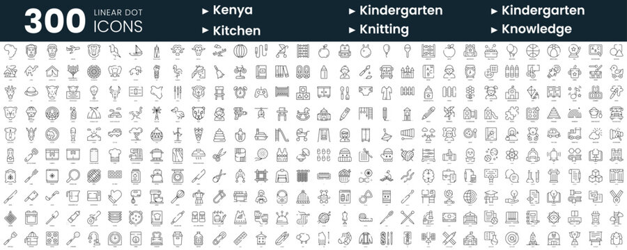 Set of 300 thin line icons set. In this bundle include kenya, kindergarten, kitchen, knitting, knowledge
