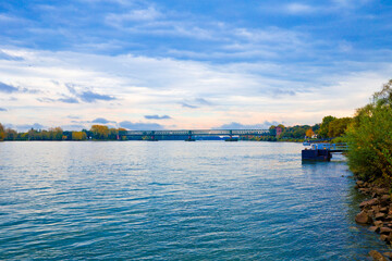 Panoramic of Rhine river and Rhine bridge in Mainz city, Germany.