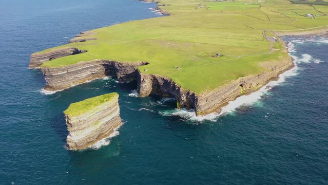 Aerial view of the Dun Briste sea stack at Downpatrick head, County Mayo - Republic of Ireland