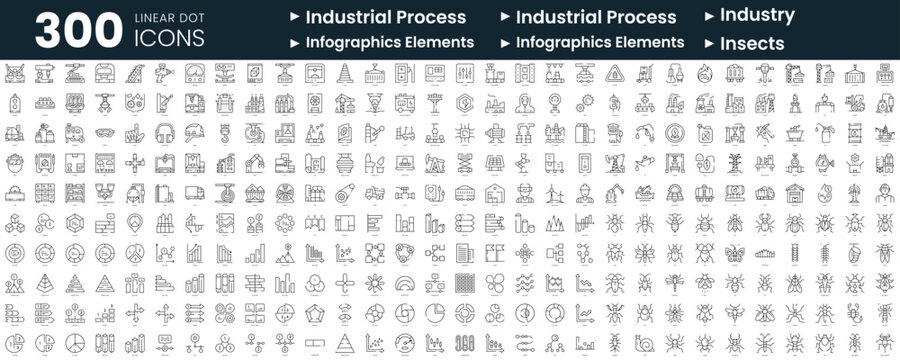 Set of 300 thin line icons set. In this bundle include industrial process, industry, infographic elements, infographics elements, insects