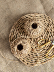 Tangles of jute twine threads. Natural. Yarn for needlework. Top view