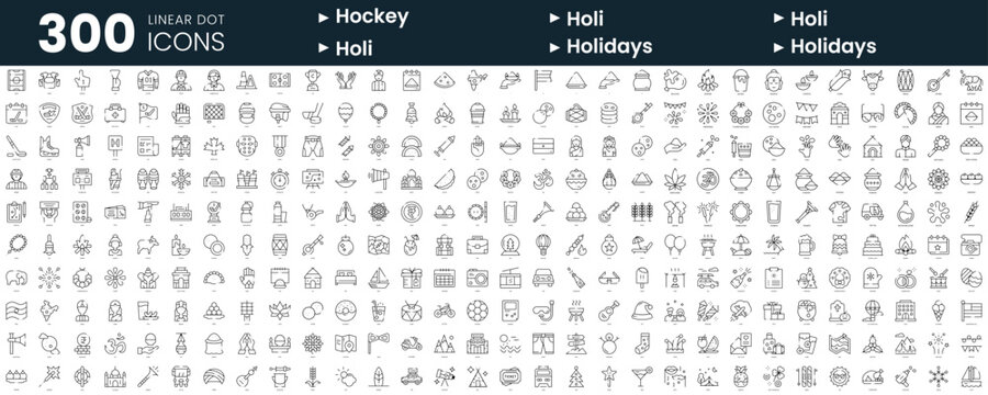 Set of 300 thin line icons set. In this bundle include hockey, holi, holidays