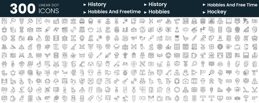 Set of 300 thin line icons set. In this bundle include history, hobbies and freetime, hockey