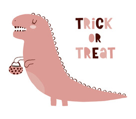 Halloween Vector Card with Funny Dinosaur. Trick or Treat. Cute Dino Holding Bag for Treats. Lovely Hand Drawn Halloween Illustration ideal for Card, Poster, invitation. Sweet Pink Monster Print.
