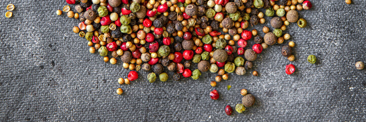 pepper peppercorn 5 spices red, black, green and white pepper, coriander food spice on the table...