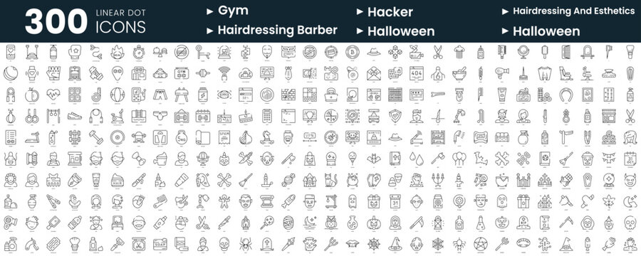 Set of 300 thin line icons set. In this bundle include gym, hacker, hairdressing and esthetics, hairdressing barber, halloween