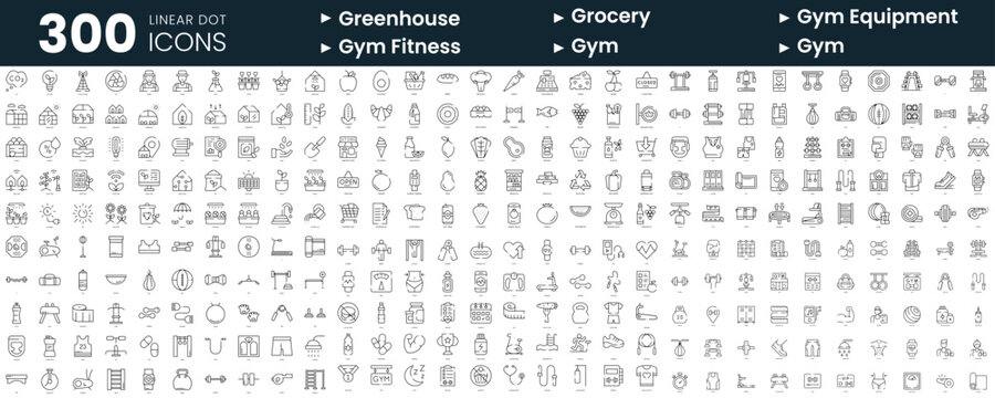 Set of 300 thin line icons set. In this bundle include greenhouse, grocery, gym equipment, gym fitness