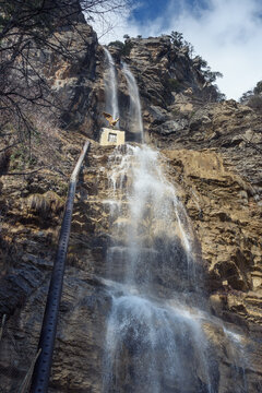 Waterfall Uchan-su on Ai-Petri Mountain in spring. Yalta, Crimea
