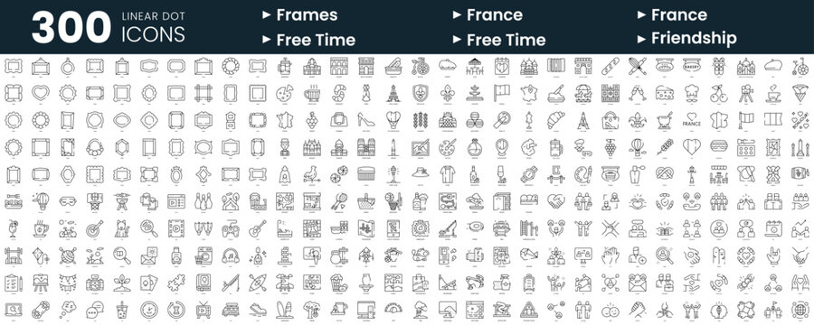 Set of 300 thin line icons set. In this bundle include frames, france, free time, friendship