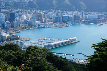 Aerial view of Wellington city, harbour, waterfront and central business district office tower...