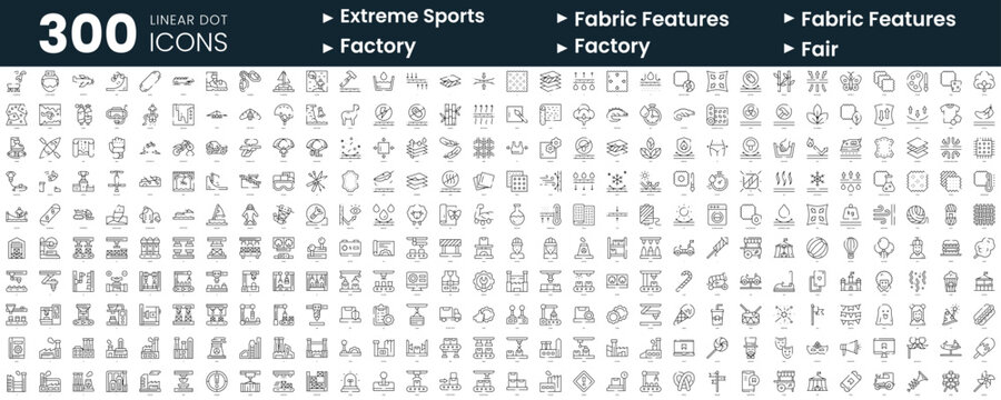 Set of 300 thin line icons set. In this bundle include extreme sports, fabric features, factory, fair